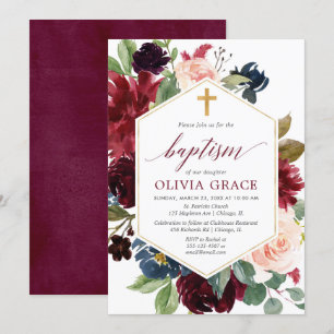 Invitation Baptême d'élégante marine bordeaux rose roux