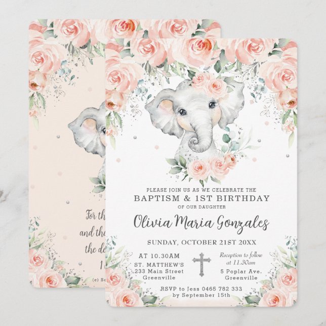Invitation Baptême d'éléphant floral doux 1er anniversaire (Devant / Derrière)