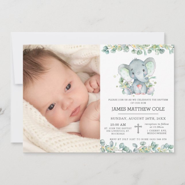 Invitation Baptême d'éléphant vert mignon Baptême Christening (Devant)