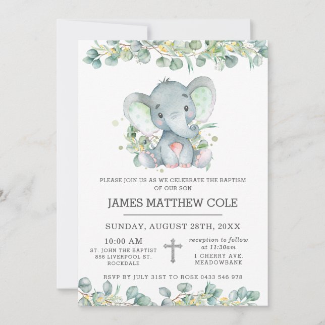 Invitation Baptême d'éléphant vert mignon Christening (Devant)