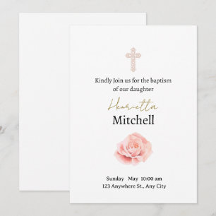 Invitation Baptême Delicate de Rose blanc et aquarelle