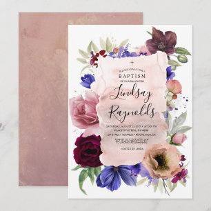Invitation Baptême des filles   Blush Blue Bourgogne Rouge Fl