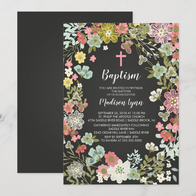 Invitation Baptême des filles florales du tableau  (Devant / Derrière)