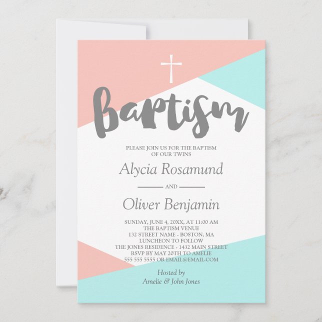 Invitation Baptême des jumeaux géométriques turquoise et rose (Devant)
