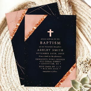 Invitation Baptême d'étincelle géométrique bleu marine rose c