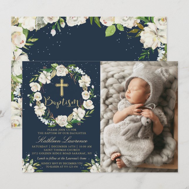 Invitation Baptême d'hiver bleu de la marine Floral Girl (Devant / Derrière)