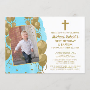 Invitation Baptême d'or bleu 1er anniversaire Texte photo