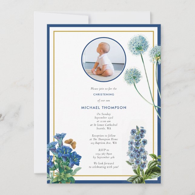 Invitation Baptême d'or Bleu Baptême de baptême Boy Photo (Devant)