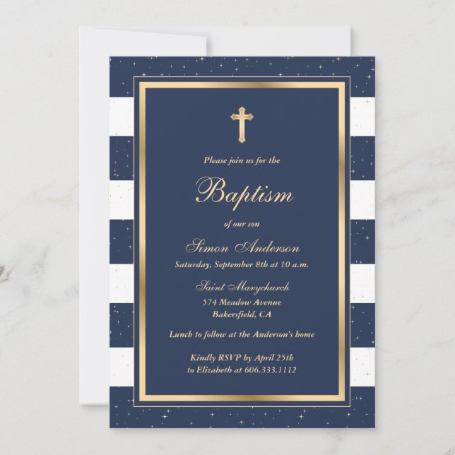 Invitation Baptême d'or bleu élégant (Devant)
