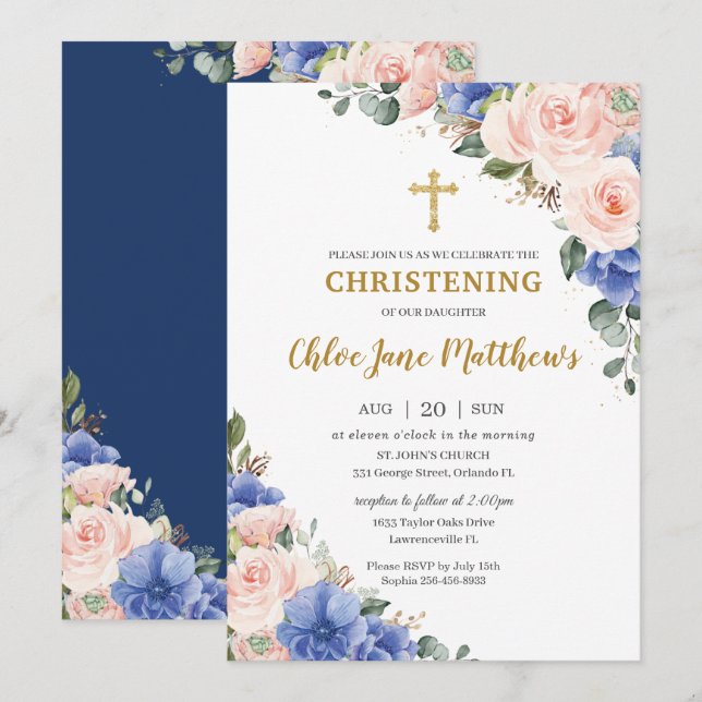 Invitation Baptême d'or bleu rose floral  (Devant / Derrière)