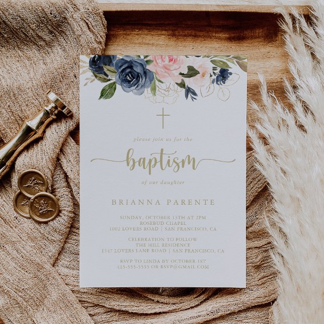 Invitation Baptême d'or floral de la marine (Créateur téléchargé)