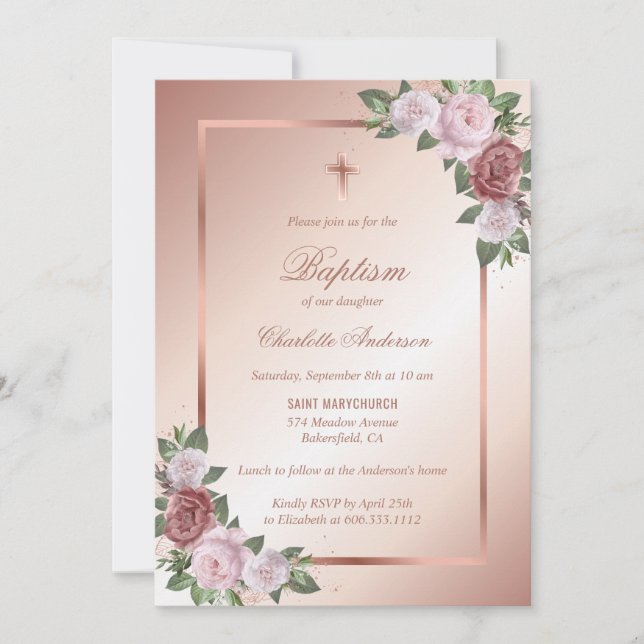 Invitation Baptême d'or florale de rose rousse (Devant)