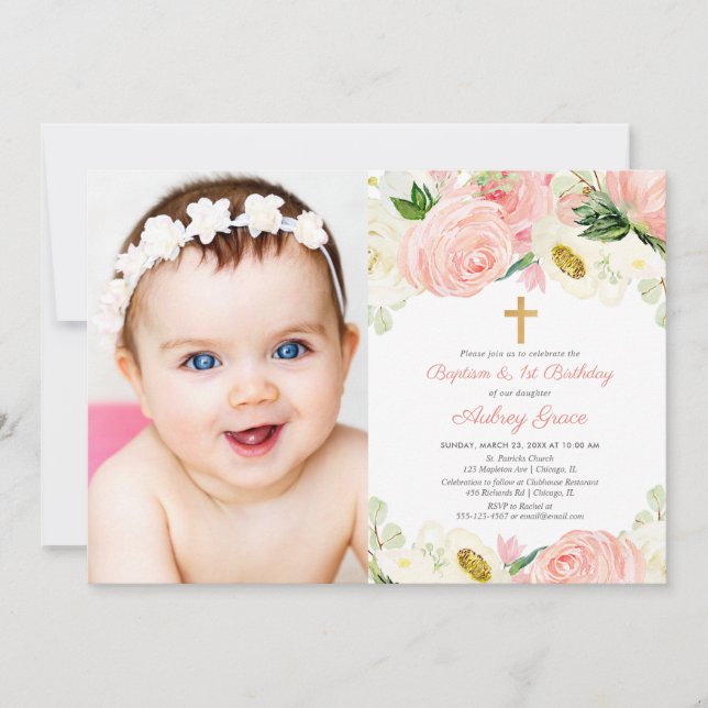 Invitation Baptême d'or rose et fille photo 1er anniversaire (Devant)