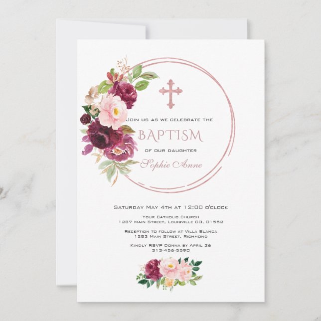Invitation Baptême d'or Rose floral Bourgogne safran (Devant)