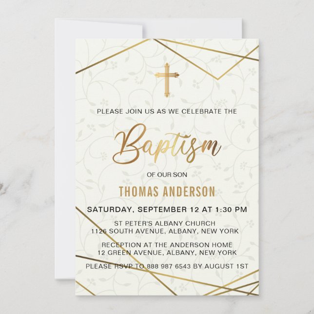 Invitation Baptême d'or Vintage classique (Devant)
