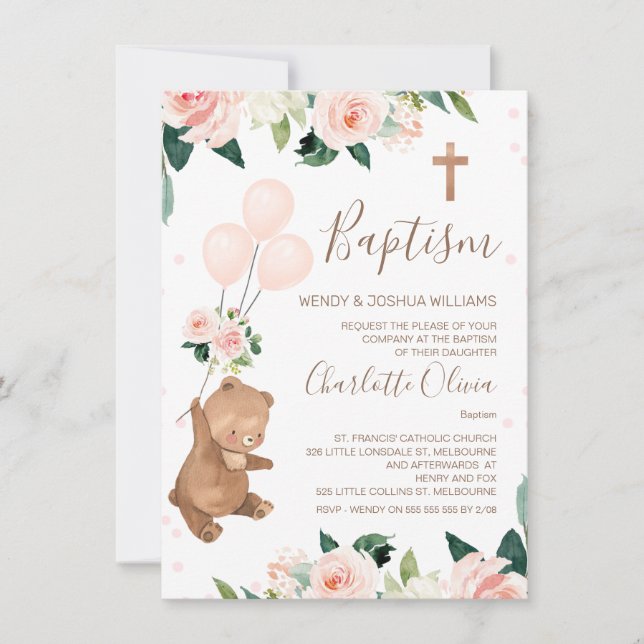 Invitation Baptême d'ours floral (Devant)