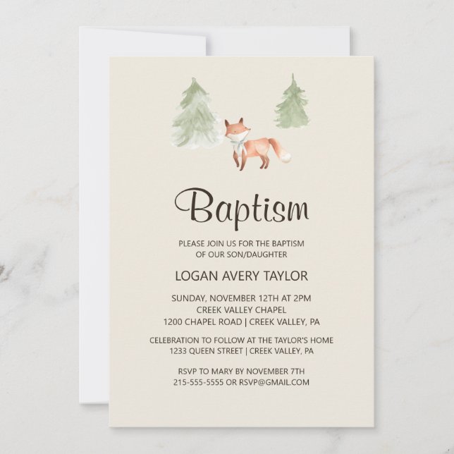 Invitation Baptême du bébé de renard boisé (Devant)
