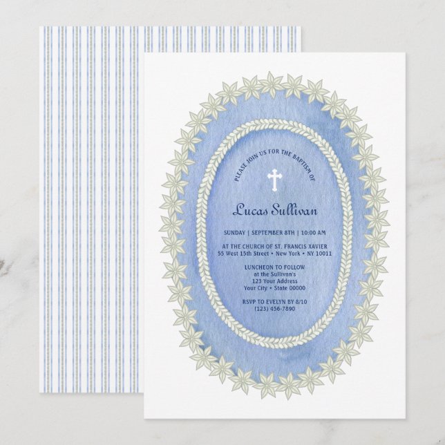 Invitation Baptême du cadre bleu ovale (Devant / Derrière)