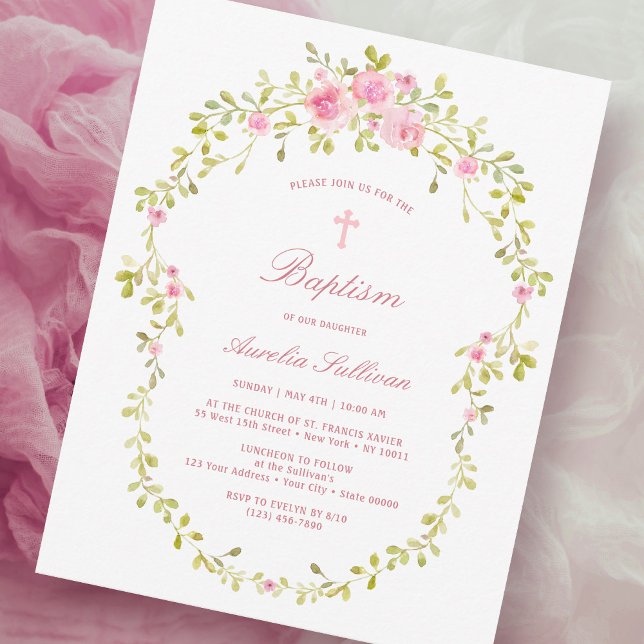 Invitation Baptême du cadre rose Roses (Créateur téléchargé)