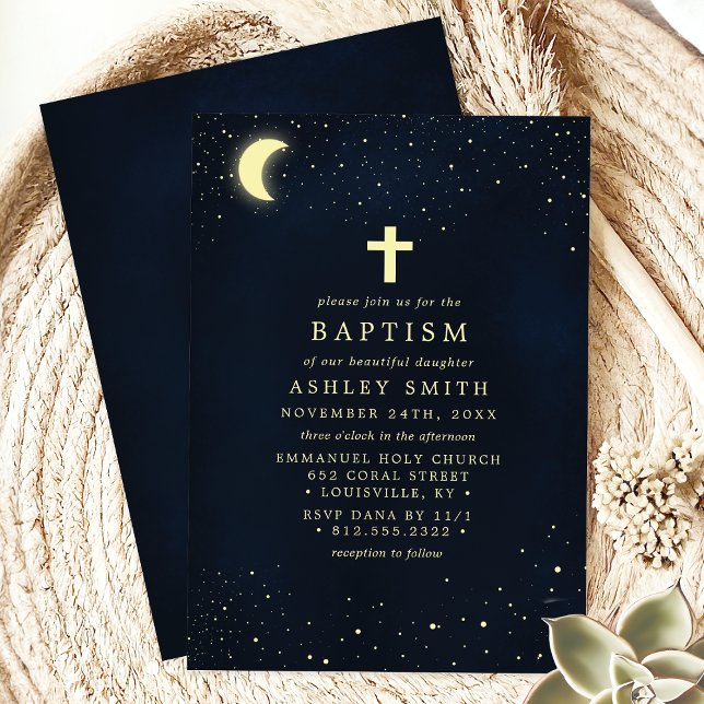 Invitation Baptême du ciel nocturne élégant avec croix et lun (Créateur téléchargé)