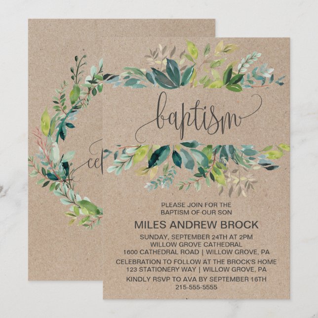 Invitation Baptême du feuillage Kraft (Devant / Derrière)