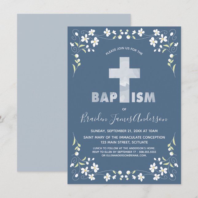 Invitation Baptême du garçon - Bleu, Aquarelle (Devant / Derrière)