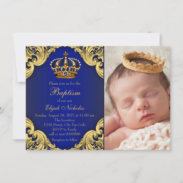 Invitation Baptême du Prince Couronne d'Or Bleu Royal (Devant)