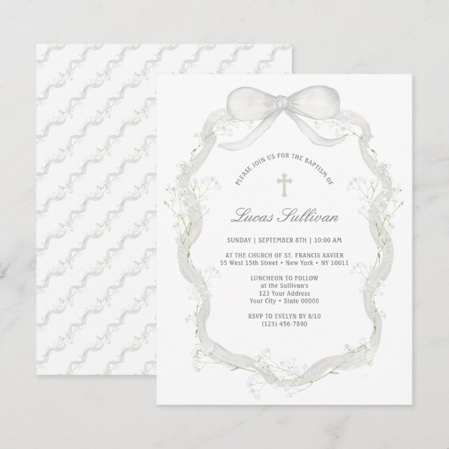 Invitation Baptême du souffle du bébé blanc (Devant / Derrière)