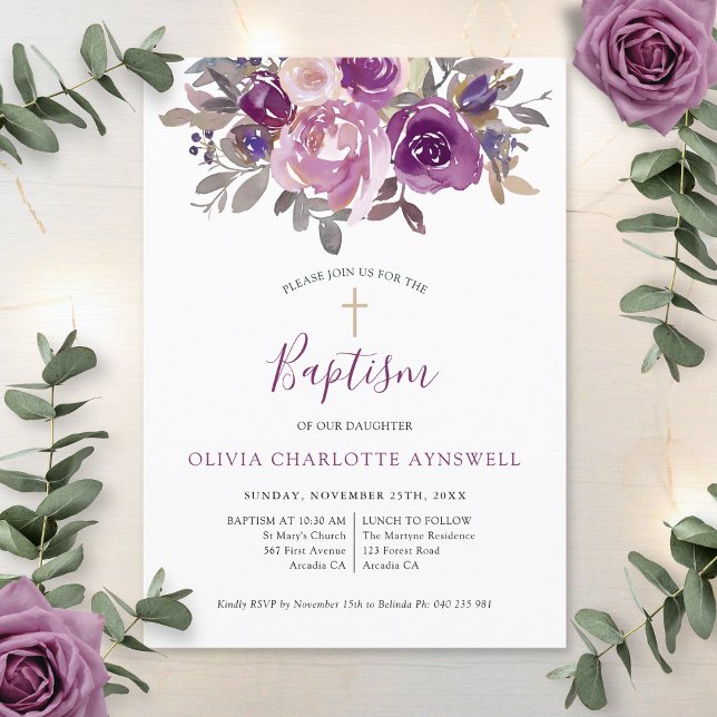 Invitation Baptême Dusty Mauve Purple Botanique Christening (Créateur téléchargé)