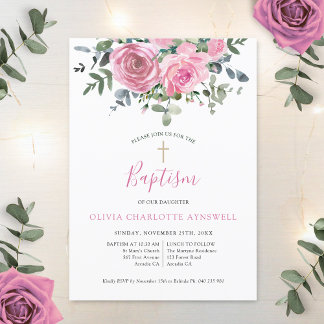 Invitation Baptême Dusty Rose Eucalyptus Christening