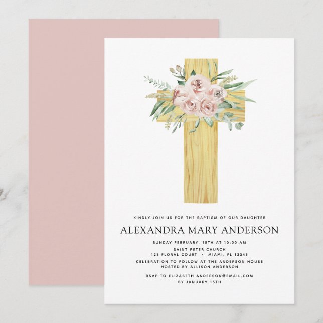 Invitation Baptême Dusty Rose Vert Eucalyptus (Devant / Derrière)