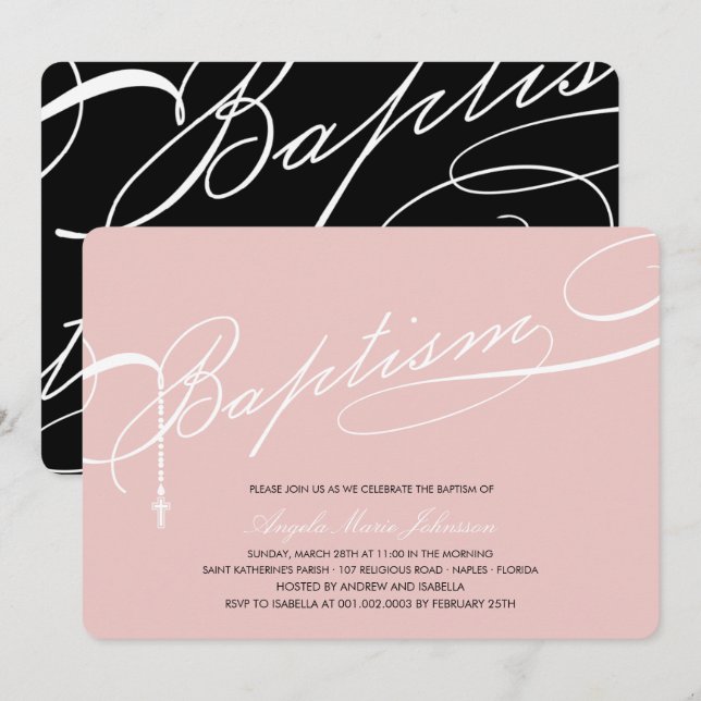 Invitation Baptême écrite Rosary Cross Girl rose Religieux (Devant / Derrière)