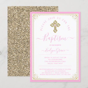 Invitation Baptême Élégant Bébé Pink Light Gold