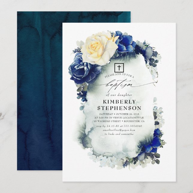 Invitation Baptême élégant bleu et jaune de la marine (Devant / Derrière)