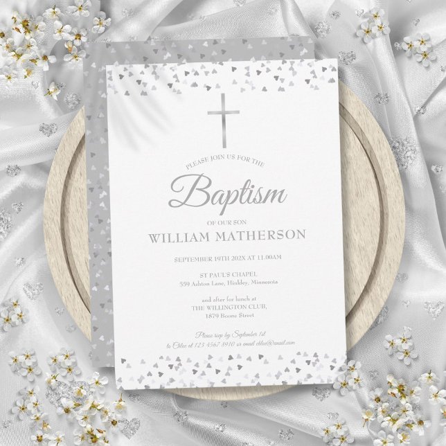 Invitation Baptême Élégant Cœurs en Argent (Elegant Silver Hearts Baptism Christening Invitation)