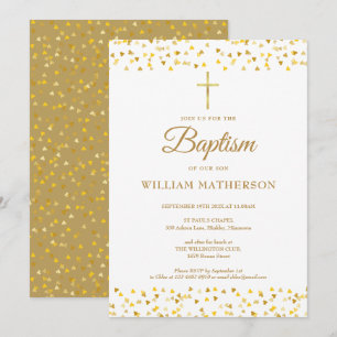 Invitation Baptême élégant coeurs en or 