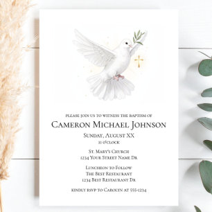 Invitation Baptême élégant Colombe aquarelle et Croix dorée
