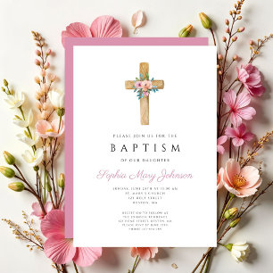 Invitation Baptême élégant croix florale rose