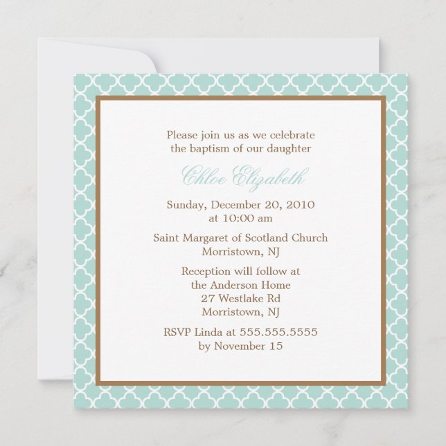 Invitation Baptême élégant de bébé de motif de Quatrefoil (Devant)