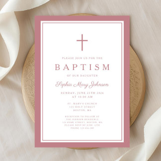 Invitation Baptême élégant de bébé fille croix rose