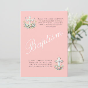 Invitation Baptême élégant de bébé fille religieuse rose