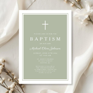Invitation Baptême élégant de bébé garçon à la croix verte sa