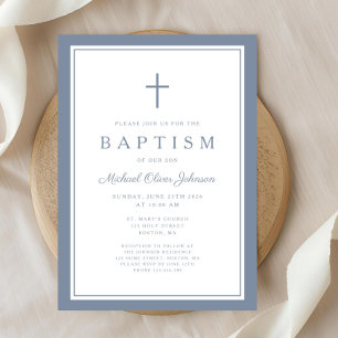 Invitation Baptême élégant de bébé garçon en bleu poussiéreux