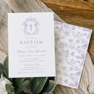 Invitation Baptême élégant de croix florale violette vintage