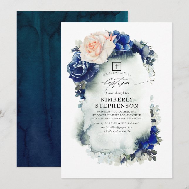 Invitation Baptême élégant de la marine bleu et pêche florale (Devant / Derrière)