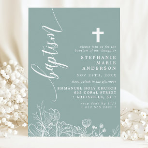 Invitation Baptême élégant écriture florale blanc sarcelle po