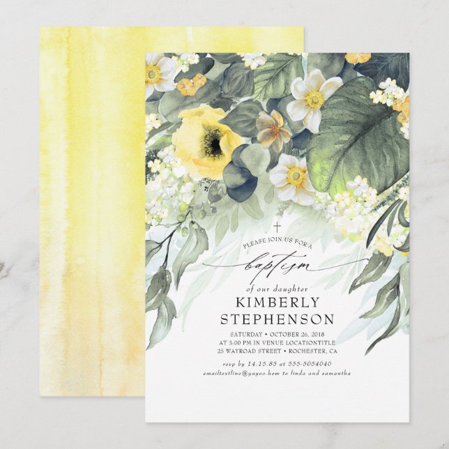 Invitation Baptême Élégant Été Floral Jaune (Devant / Derrière)