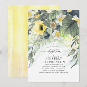 Invitation Baptême Élégant Été Floral Jaune