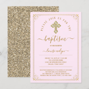 Invitation Baptême élégant fille rose or