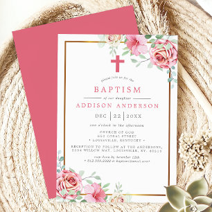 Invitation Baptême élégant floral rose et or avec croix